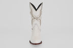 A single white Austin cowboy boot with a round toe and decorative stitching, viewed from the front against a plain light background. Style: Austin - White - Round Toe.