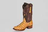 The Conor - Buttercup - Rodeo Toe cowboy boots feature a brown leather upper and textured, tan fish leather lower for standout western style, showcased against a plain light gray background.