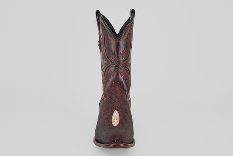 The Ranger – Wine – Round Toe cowboy boot, featuring decorative stitching and Western style, is displayed front-facing against a plain gray background.