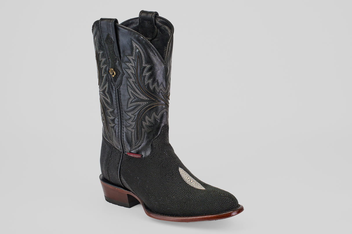 The Ranger – Black – Round Toe cowboy boot features intricate shaft stitching, a textured stingray leather lower, and a wooden heel—ideal for men seeking stylish footwear. Displayed on a plain light gray background.