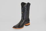 The Blaze – Black – Square Toe cowboy boot is made from genuine lizard leather with a textured pattern and a light brown wooden sole, shown on a plain white background.