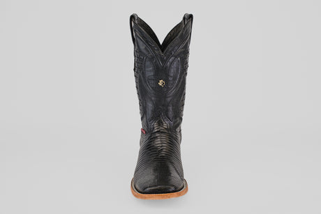The Blaze – Black – Square Toe cowboy boot, made from genuine lizard leather with a tan sole, is displayed front-facing against a plain light gray background.
