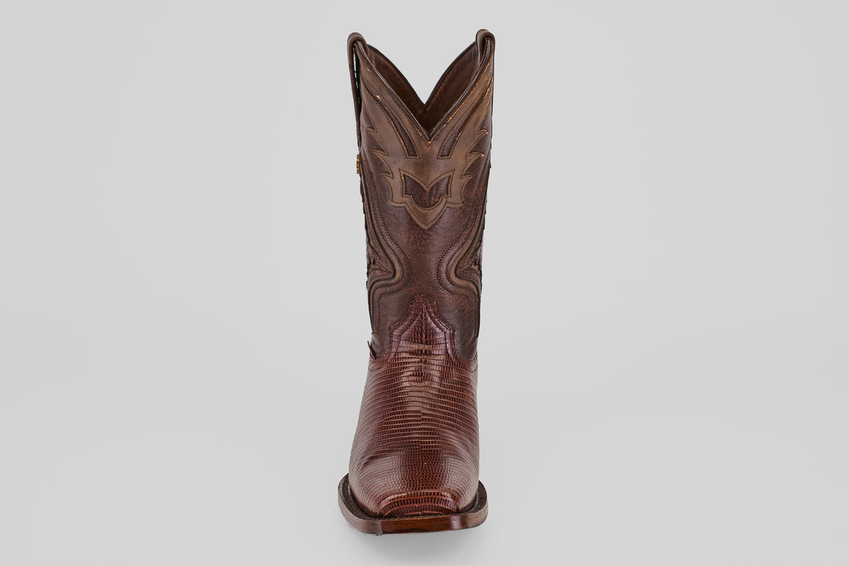 The Blaze – Brown – Rodeo Toe boot features detailed stitching and a pointed toe, crafted from genuine lizard leather. Shown from the front against a plain light gray background.