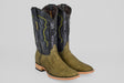 The Tanner - Green Jungle - Square Toe cowboy boots for men feature olive green textured snakeskin on the foot, light brown soles, and tall black leather shafts with yellow and green western-style stitching.
