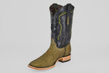 The Tanner - Green Jungle - Square Toe is a western cowboy boot with a green textured python leather lower, black leather upper with yellow and green stitching, and a wooden sole with a low heel.