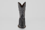 The Python Black - Embossed Leather - Versy Toe (E202) cowboy boot features detailed stitching and a textured front pattern, shown upright against a light gray background, capturing classic western style.
