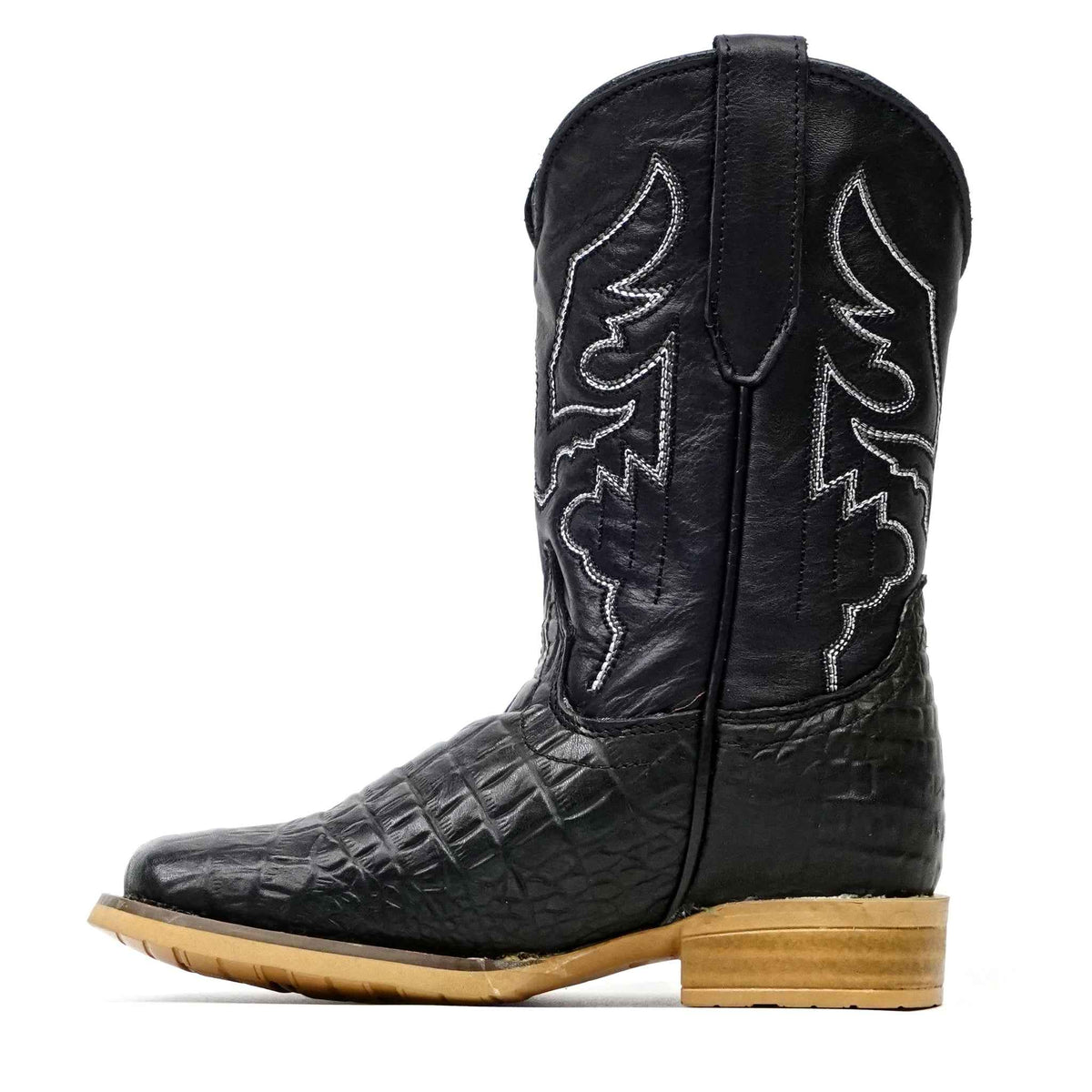 Kids Alligator Belly Black Boots - Embossed Leather - Square Toe (K27-1) - Gomez Western Wear