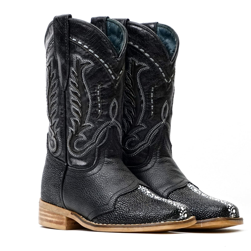Kids Black Female Stingray Boots - Embossed Leather - Square Toe (K19-1) - Gomez Western Wear