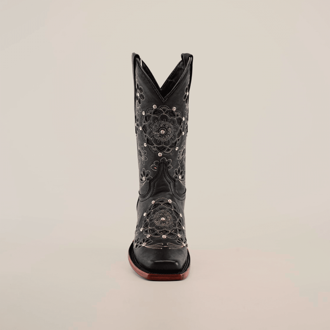 Liga - Black Mayan Flower Short Shaft Boots - Narrow Square Toe (E328) - Gomez Western Wear