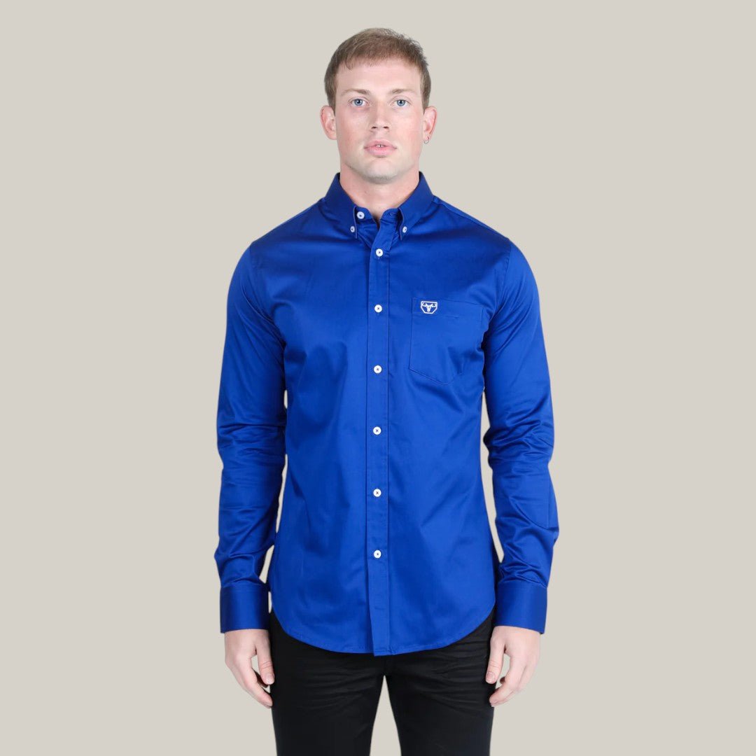 Men’s Single Pocket Logo Modern Fit Stretch Dress Shirt - Royal Blue - CTL9830 - Gomez Western Wear