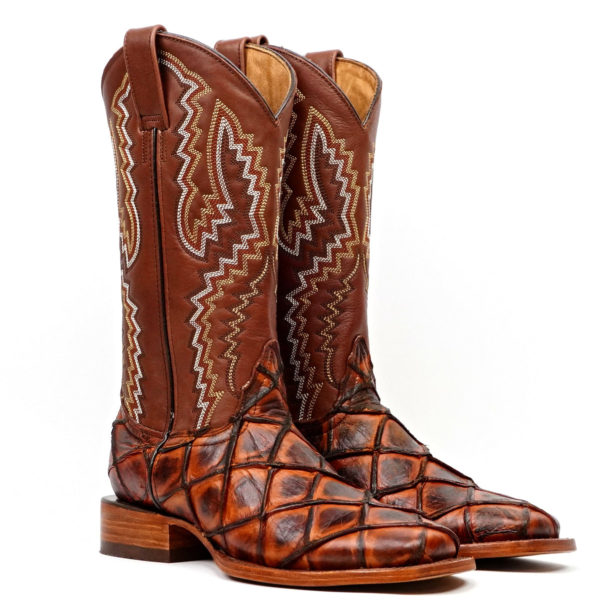 Pirarucu Fish Cognac Boots - Embossed Leather - Square Toe (E963) - Gomez Western Wear