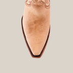Close-up of the Tania Orix Womens Boot in light brown on a white background, featuring a snip toe and decorative stitching on the tall shaft with visible leather wear.