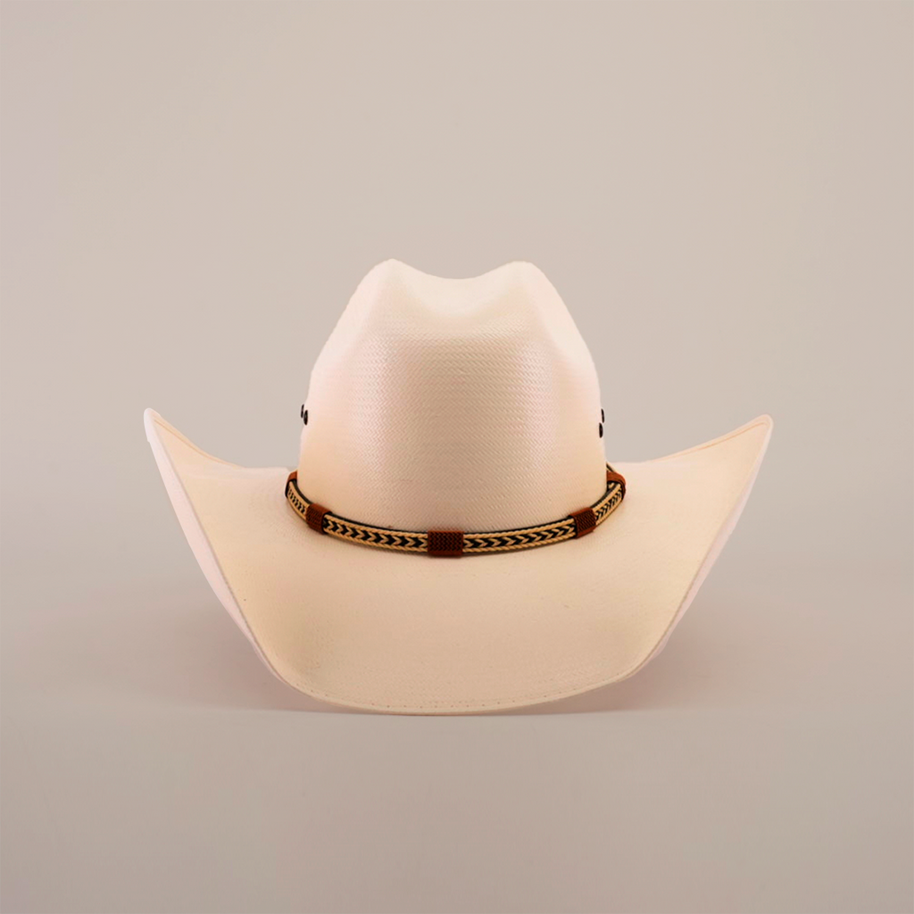 The 500X Chihuahua Straw Hat, featuring a light beige color with a slightly upturned brim and a braided brown band, exudes style and durability against a plain white background.