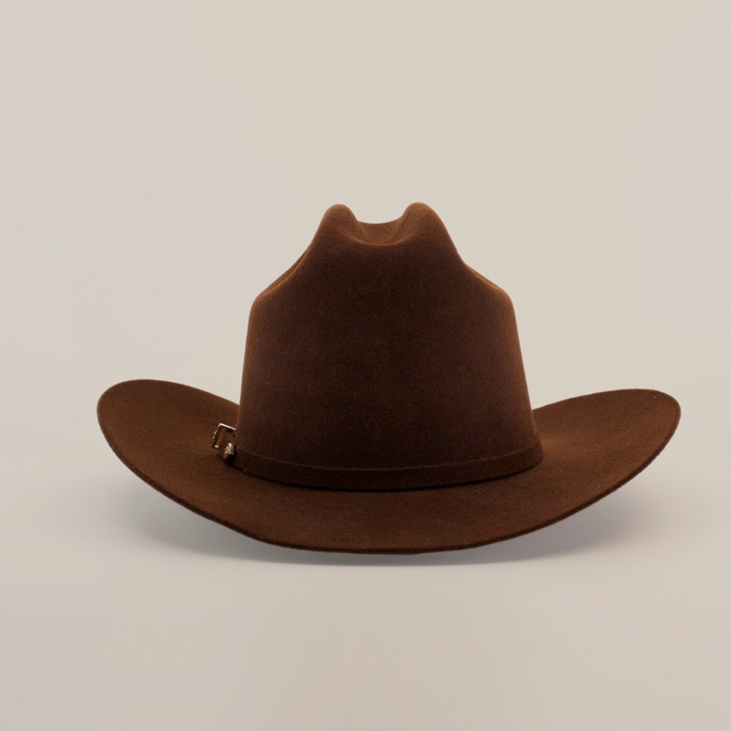 The 6X 2 Carnales Brown cowboy hat, with a wide brim and slightly creased crown, rests on a white surface. This classic western piece is crafted from durable sheep wool felt and finished with a simple band encircling the base for a timeless look.