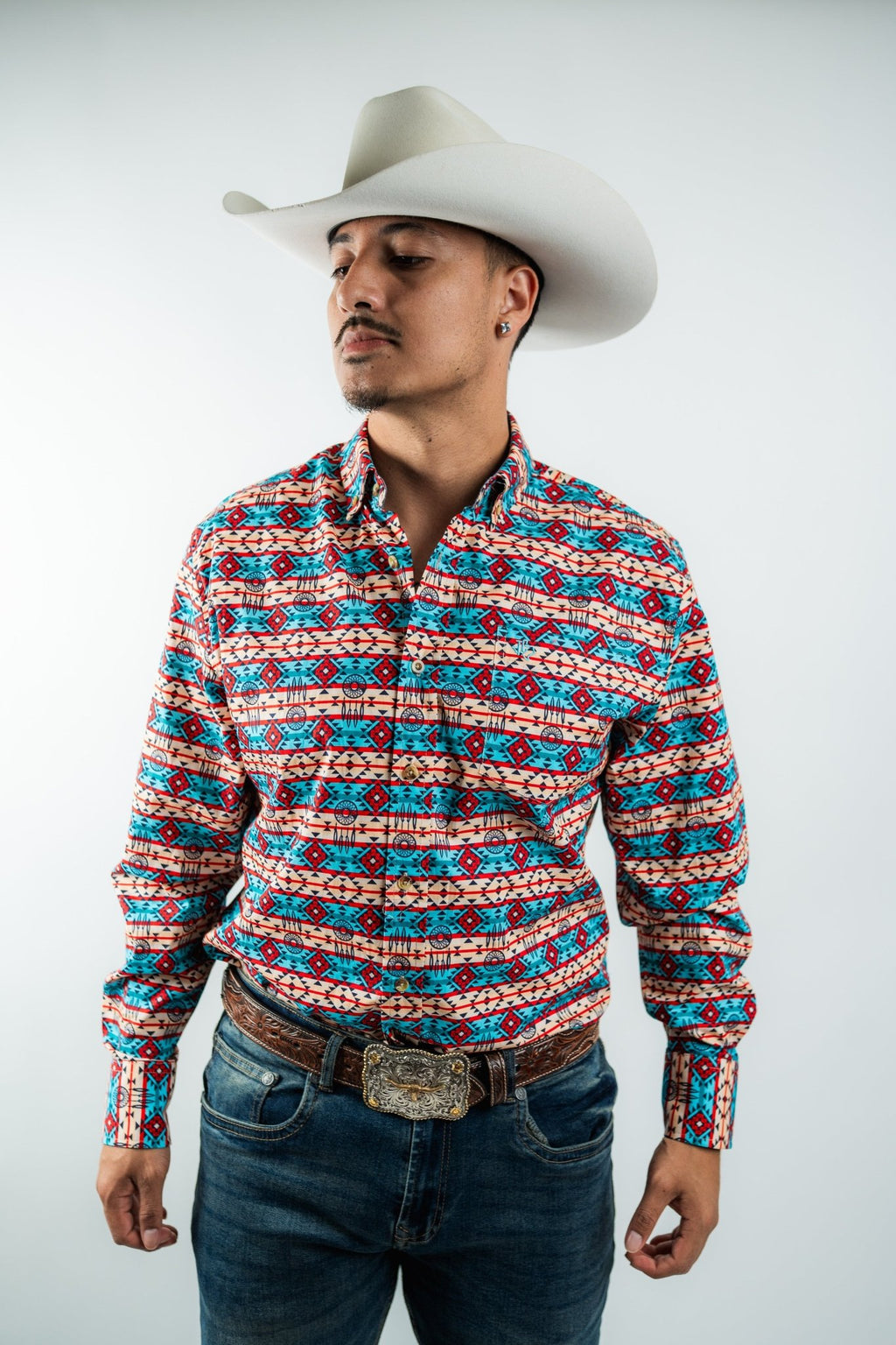 Texas Country - Blue & Red Aztec Button-Down Long Sleeve Shirt (MOD 184) - Gomez Western Wear