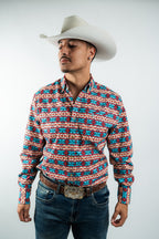 Texas Country - Blue & Red Aztec Button-Down Long Sleeve Shirt (MOD 184) - Gomez Western Wear