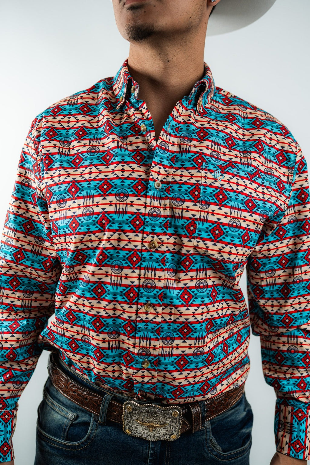 Texas Country - Blue & Red Aztec Button-Down Long Sleeve Shirt (MOD 184) - Gomez Western Wear