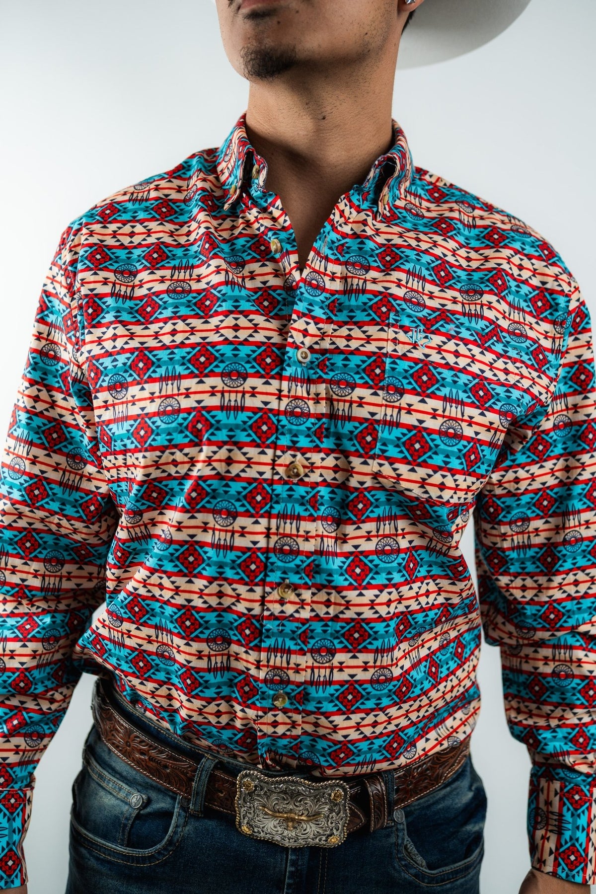 Texas Country - Blue & Red Aztec Button-Down Long Sleeve Shirt (MOD 184) - Gomez Western Wear