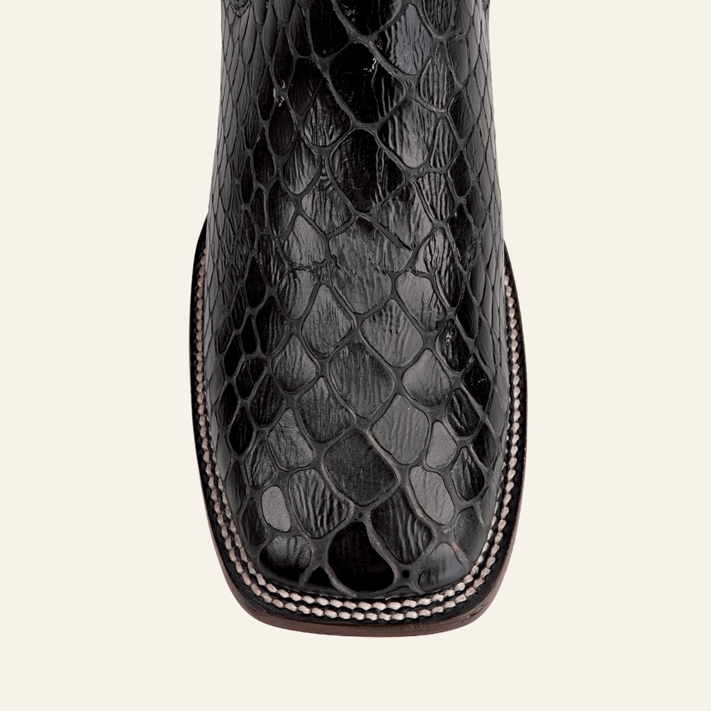 Texas Country Bota Res Hombre Snake Ankle Boots - Black Embossed Leather - Square Toe (E955)