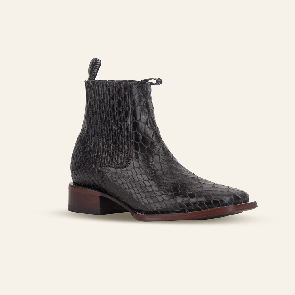 Texas Country Bota Res Hombre Snake Ankle Boots - Black Embossed Leather - Square Toe (E955)