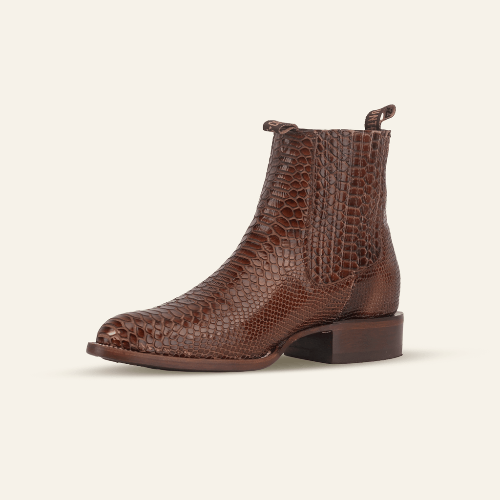 Texas Country Bota Res Hombre Snake Ankle Boots - Brown Embossed Leather - Rodeo Toe (E946)