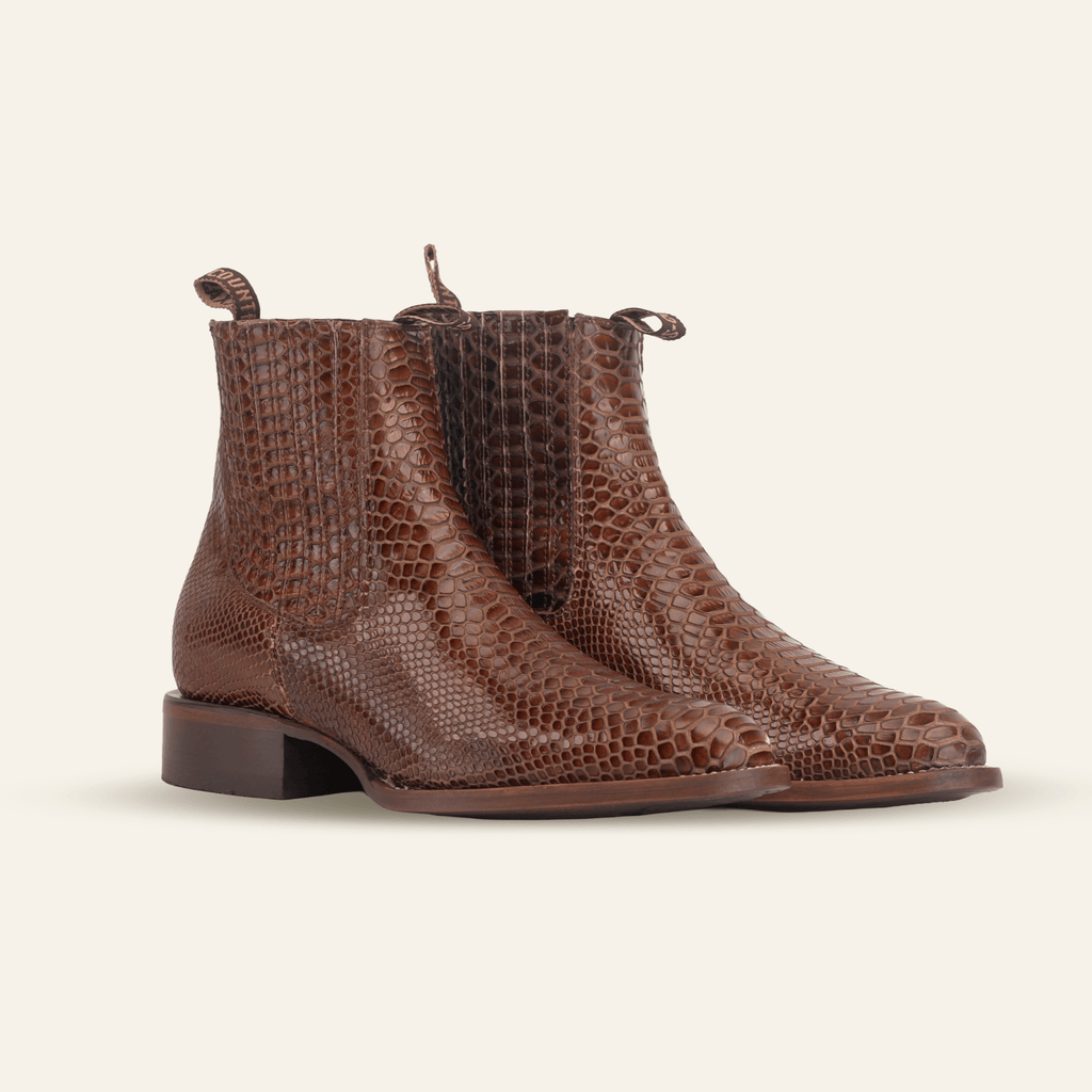 Texas Country Bota Res Hombre Snake Ankle Boots - Brown Embossed Leather - Rodeo Toe (E946)
