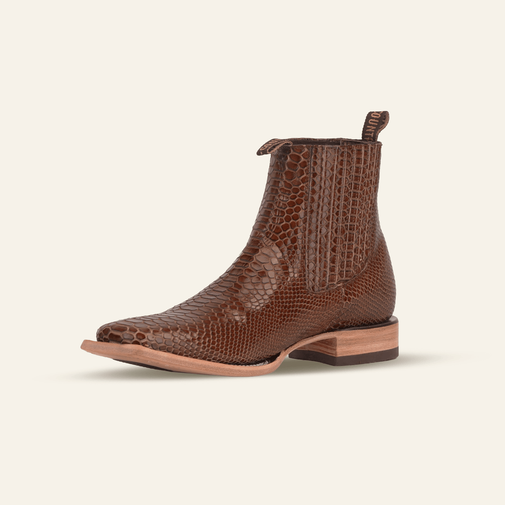 Texas Country Bota Res Hombre Snake Ankle Boots - Brown Embossed Leather - Square Toe (E946)