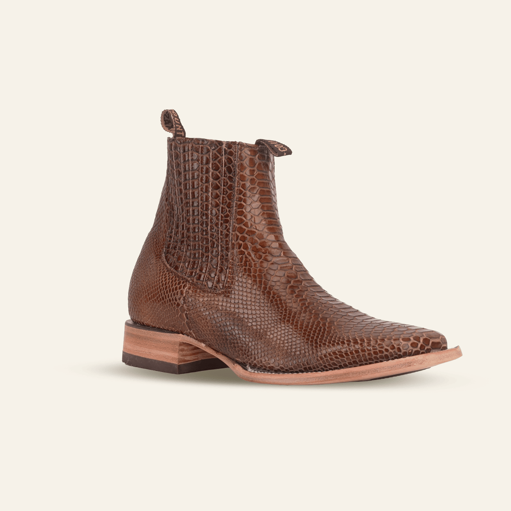 Texas Country Bota Res Hombre Snake Ankle Boots - Brown Embossed Leather - Square Toe (E946)