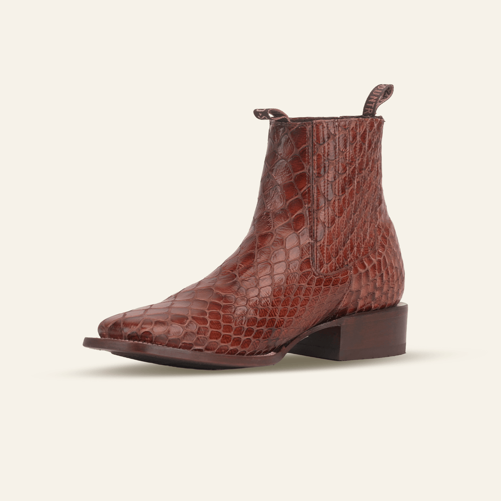 Texas Country Bota Res Hombre Snake Ankle Boots - Cognac Embossed Leather - Square Toe (E955)