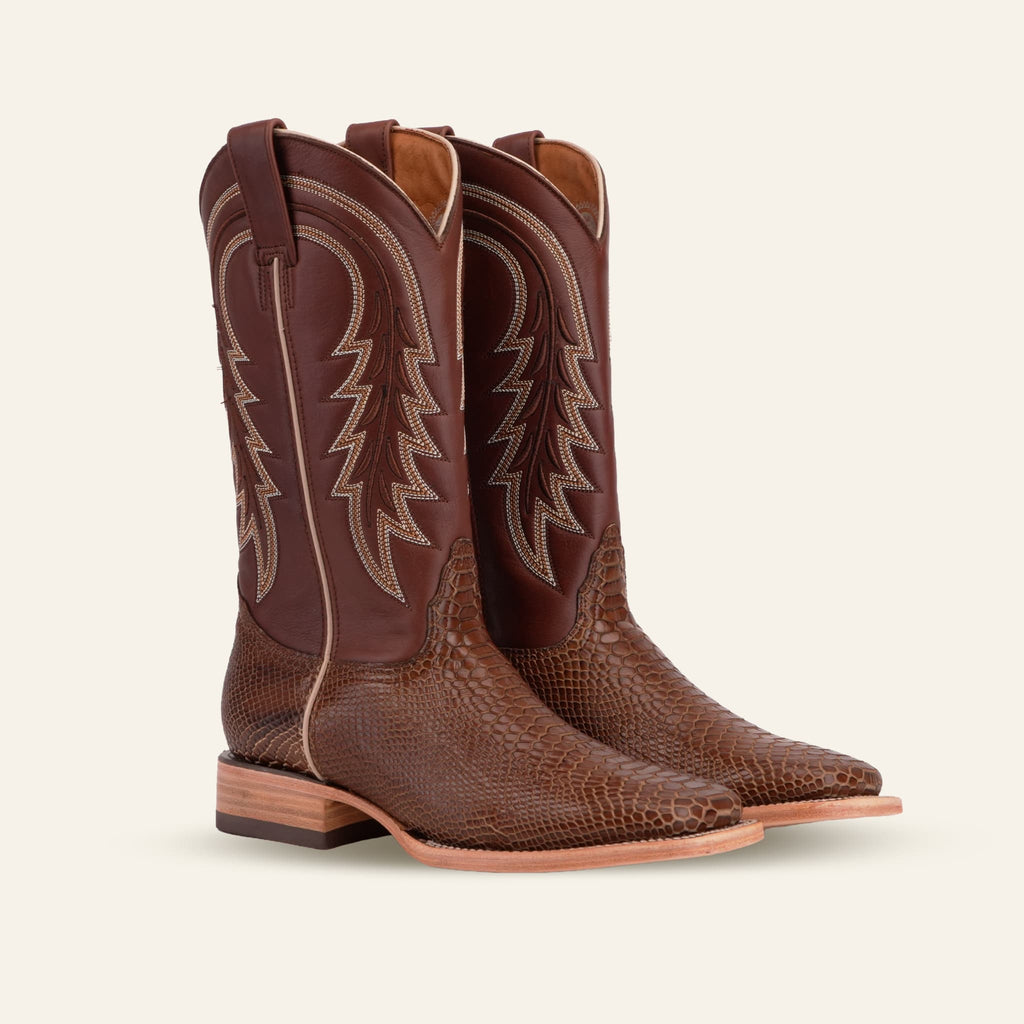 Texas Country Bota Res Hombre Snake Cowboy Boots - Brown Embossed Leather - Square Toe (E948)