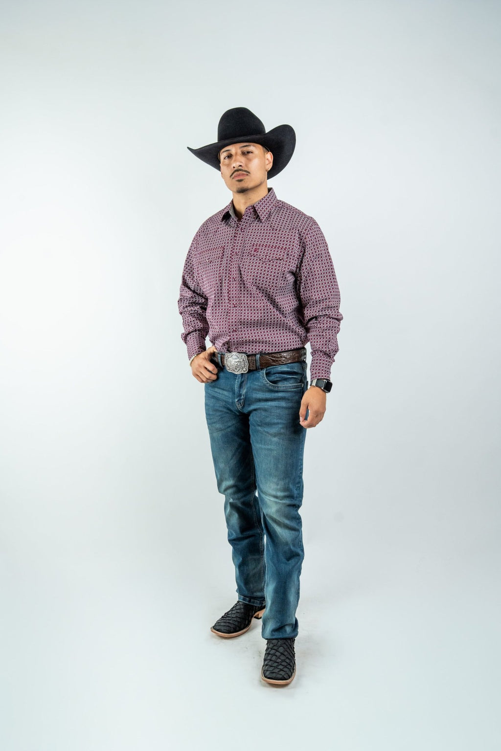 Texas Country - Burgundy Diamond Print Peal Snap Long Sleeve Shirt (PS100L/T #159) - Gomez Western Wear