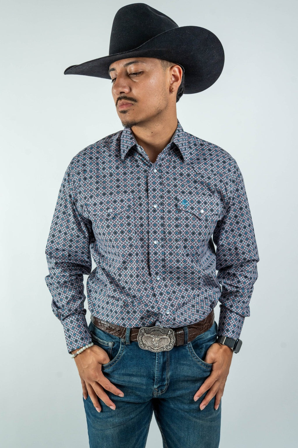 Texas Country - Gray Geometric Print Pearl Snap Long Sleeve Shirt (PS100L/T #1076) - Gomez Western Wear