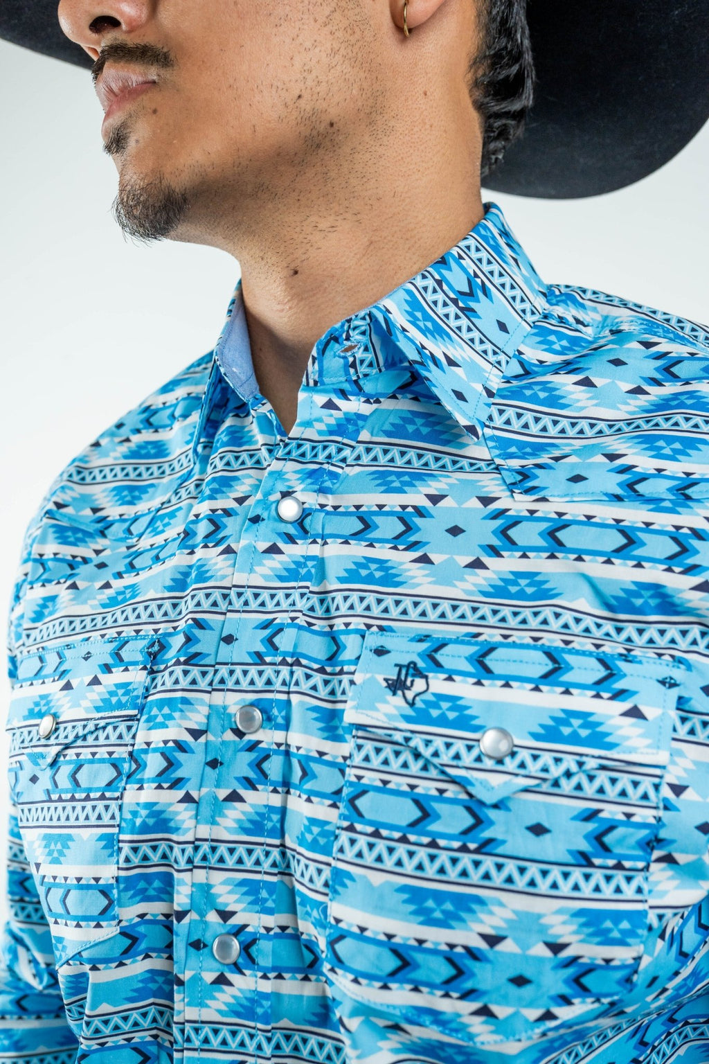 Texas Country - Light Blue Aztec Pearl Snap Long Sleeve Shirt (PS100L/T #1124) - Gomez Western Wear