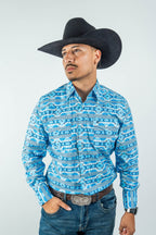 Texas Country - Light Blue Aztec Pearl Snap Long Sleeve Shirt (PS100L/T #1124) - Gomez Western Wear