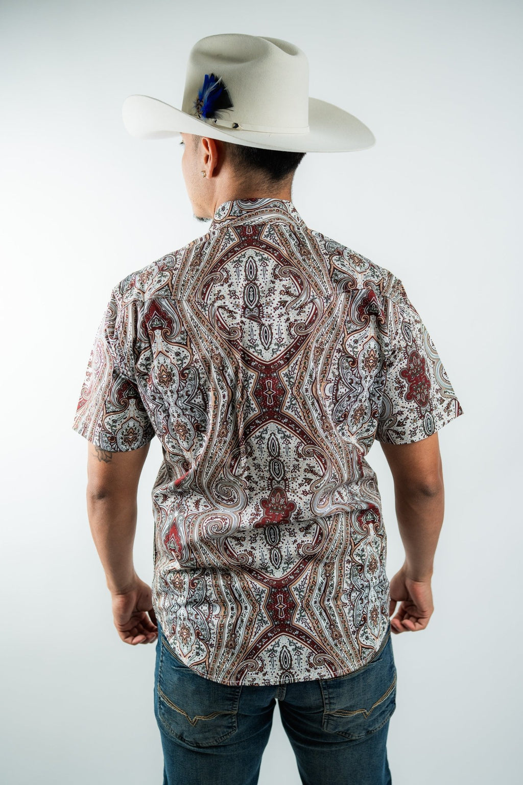Texas Country - White &amp; Maroon Floral Pearl Short Sleeve Shirt (PS100S/T #1120) - Gomez Western Wear