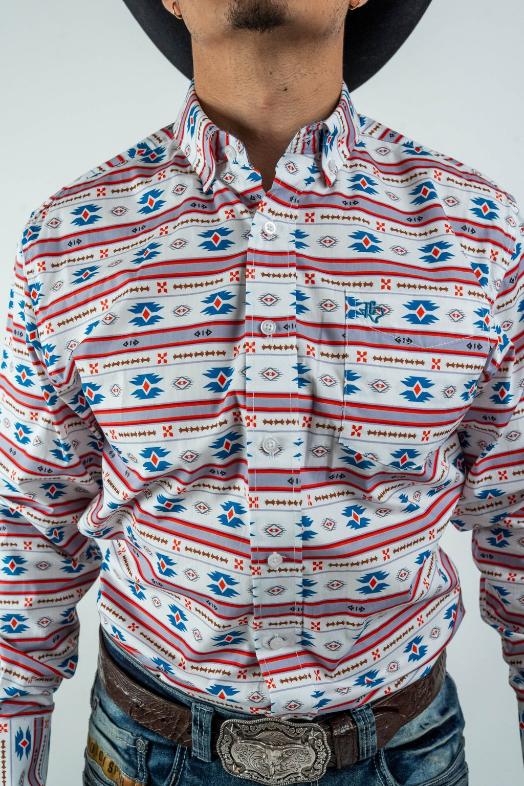 Texas Country - White Aztec Stripe Pearl Snap Long Sleeve Shirt (PS300L/T #1054) - Gomez Western Wear