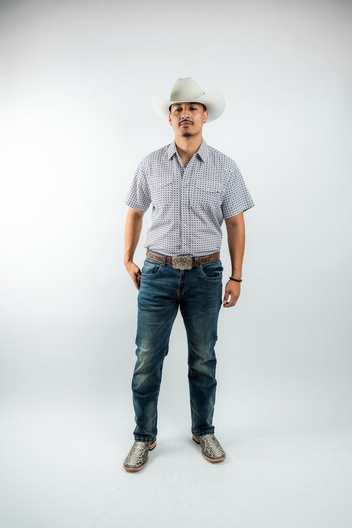 Texas Country - White Geometric Pearl Snap Short Sleeve Shirt (RT101S/T #1103) - Gomez Western Wear